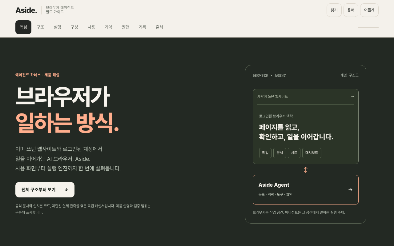 Aside 필드 가이드의 소개와 목차 화면