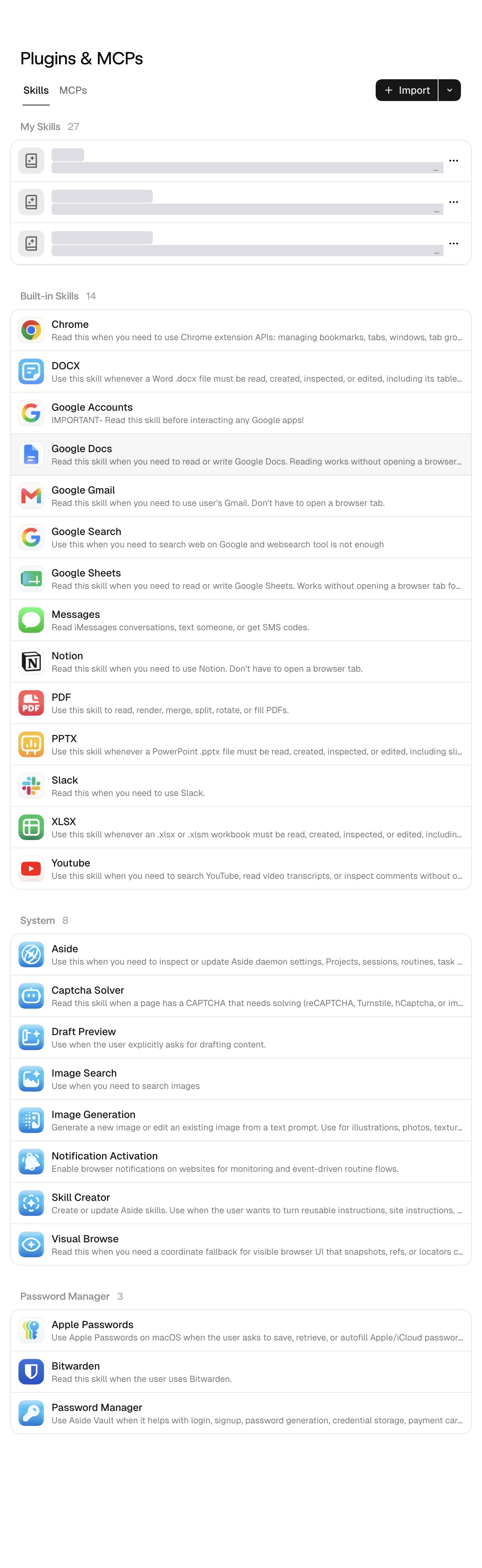 캡처: Settings › Plugins & MCPs › Skills