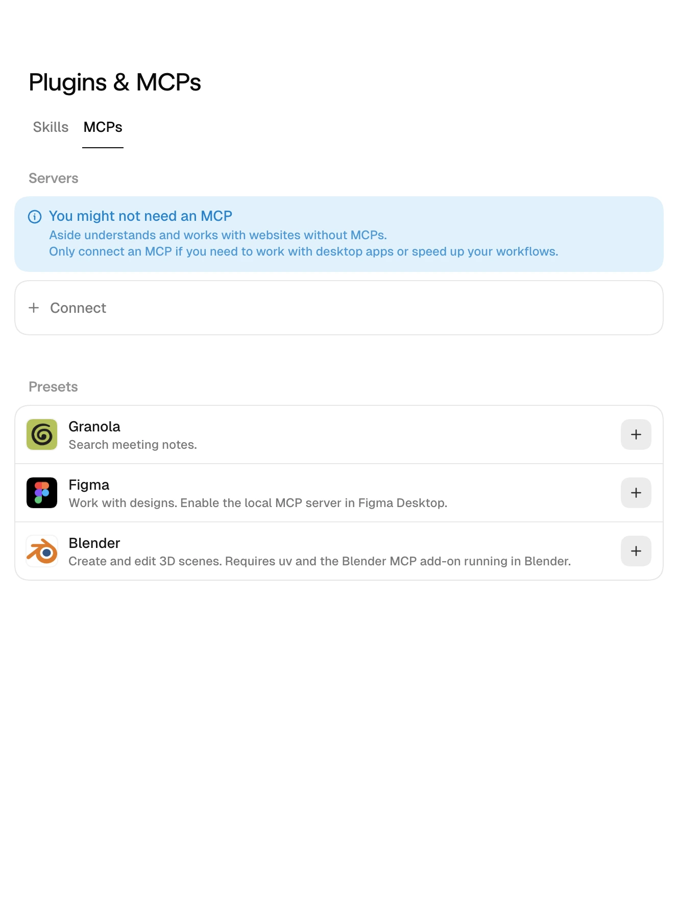 캡처: Settings › Plugins & MCPs › MCPs
